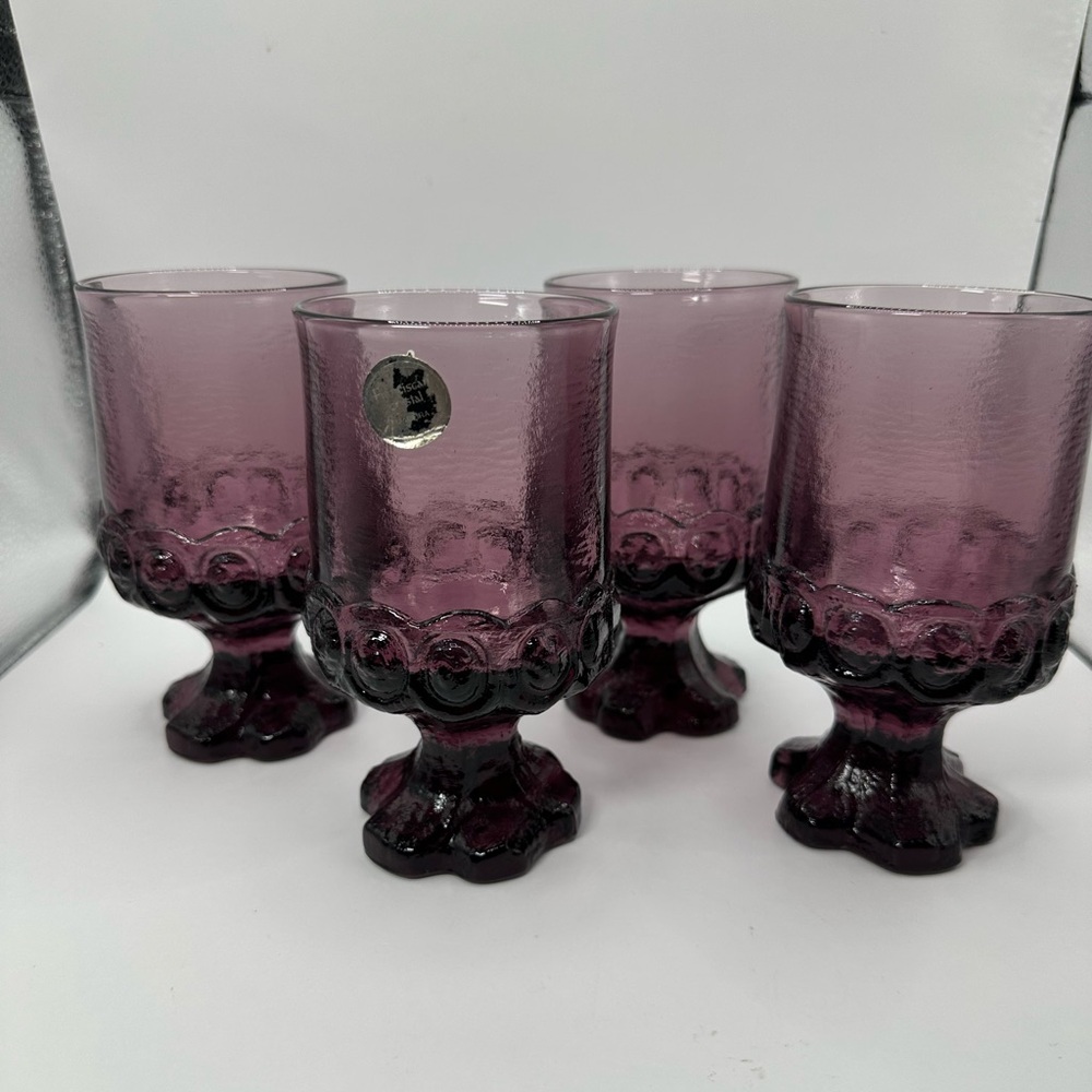 Vtg 4pc Tiffin Franciscan Madeira Plum Amethyst Goblets & Juice Glasses.